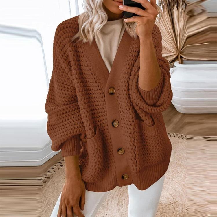 

Women Fashion Casual Solid Color Cardigan Thick Knit Long Sleeve Front Open Sweater Coat XXXL кавовий