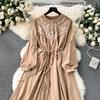 Vintage Bohemian Long Dress for Women A-line Embroidery Lace-up O Neck Lantern Sleeve Holiday Autumn Vestidos