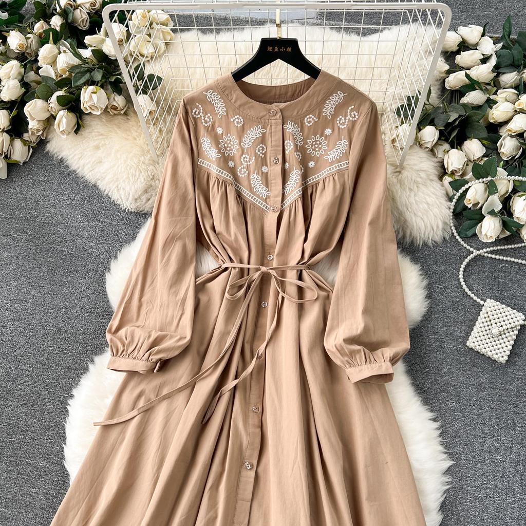 Vintage Bohemian Long Dress for Women A-line Embroidery Lace-up O Neck Lantern Sleeve Holiday Autumn Vestidos