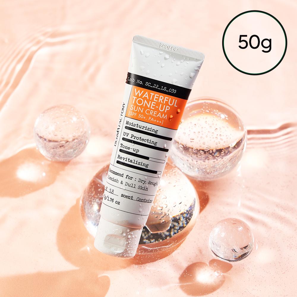 DERMA FACTORY Waterful Tone-Up Sun Cream SPF50+ PA+++ – Vegan Non-Nano Hybrid Formula, Radiant Peach Tone-Up, Korean
