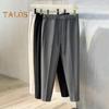 Men Suit Pants Drawstring Elastic Waist Straight Leg Solid Color Loose Formal Business Style Office Wear Trousers Ninth Pants