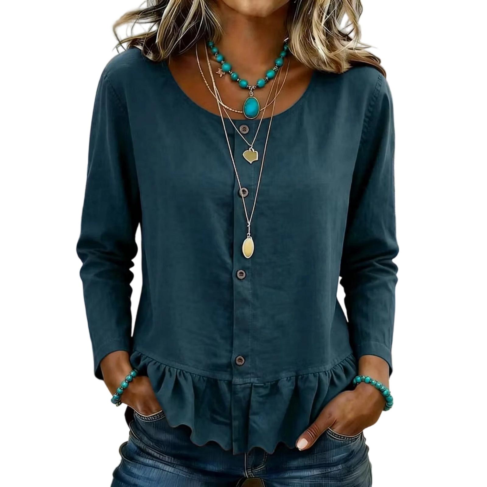 Women s Long Sleeve Ruffle Neck Blouse with Pleated Hem for Casual Wear L