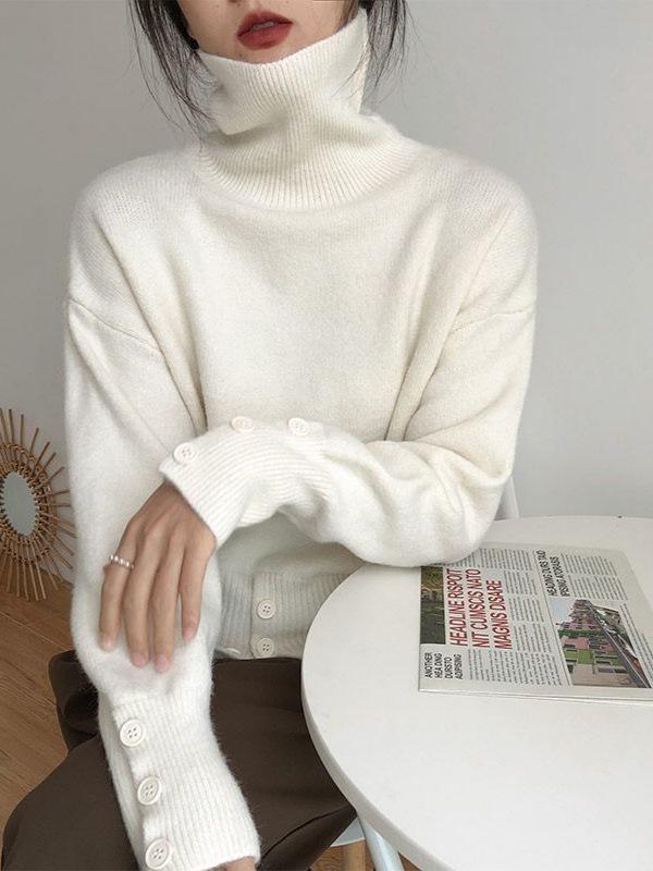 Retro High Neck Button Sweater: Women's Autumn/Winter Solid Color Knit with Slit