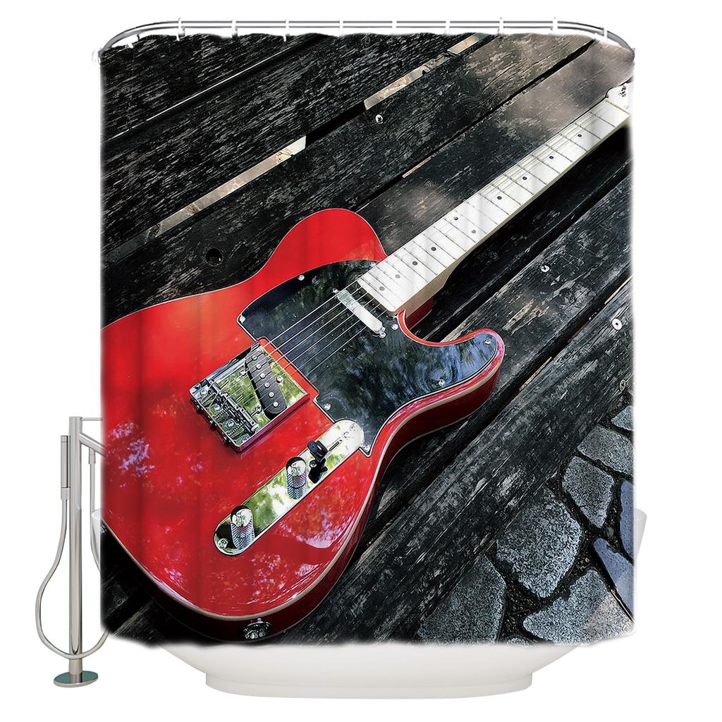 Music Decor Electric Guitars On Lighted Wooden Floor Shower Curtains Polyester Fabric Waterproof Bath Curtain Shower Curtain