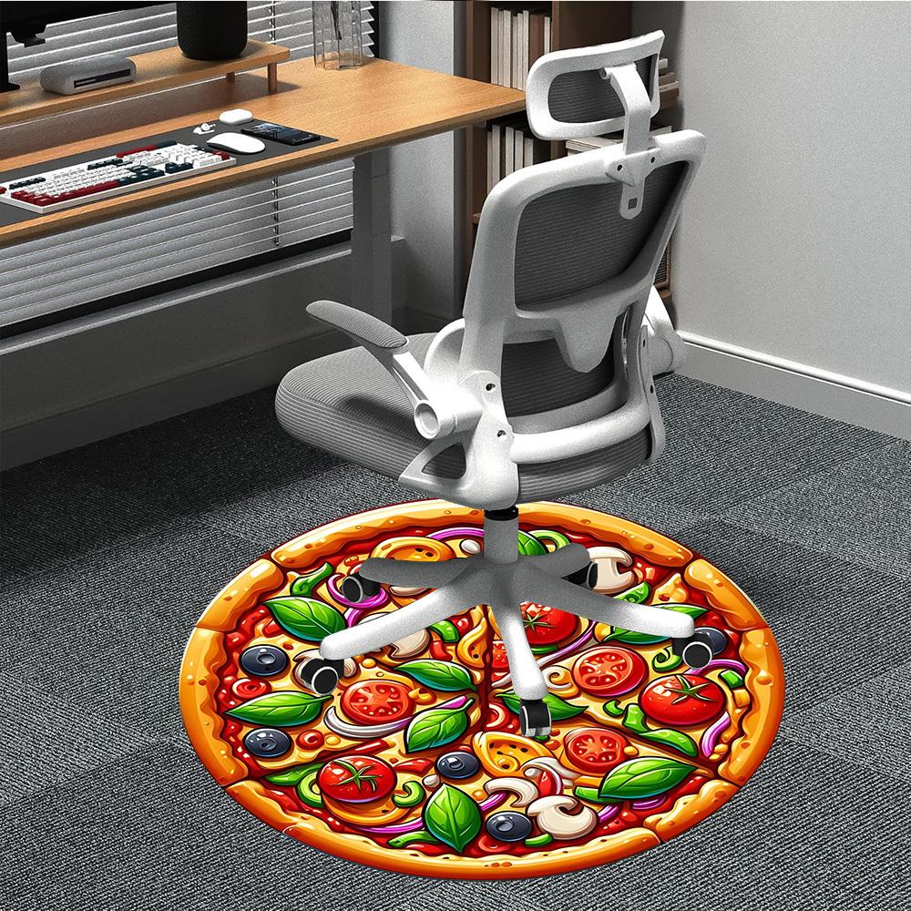 1pc Pizza Print Chair Carpet for Office, Round Polyester Mat, Indoor Decor for Office, Easycare Fabric, Washable Non-slip Area Carpet