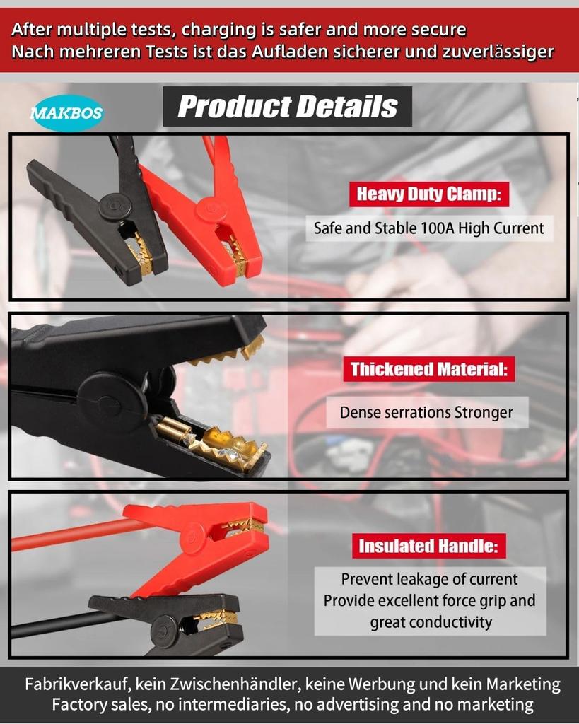 18V Battery Jumper Cables, 8 Gauge 6.5FT, 12V Portable Car Starter for 8.0L Gas/6.5L Engines (No Battery)