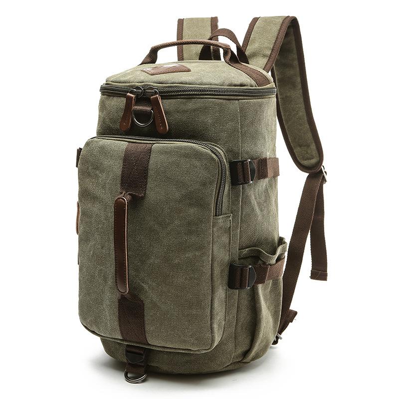Men's Canvas Backpack Vertical Square Travel Canvas Bag Outdoor Large-capacity Cylinder Student School Bags