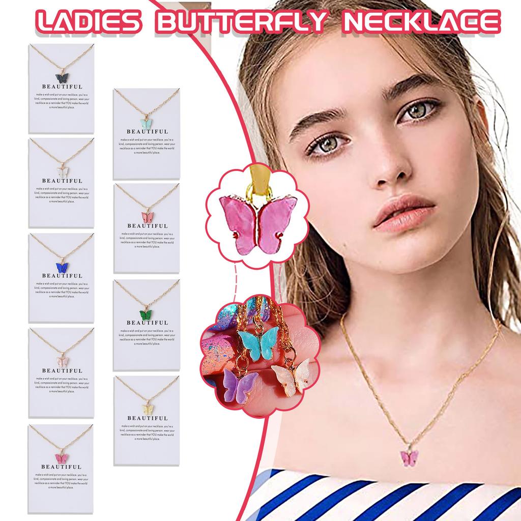 (Intimate) Ladies Pendant Necklace Butterfly Moon Sterling Silver Gold Acrylic Color Clavicle