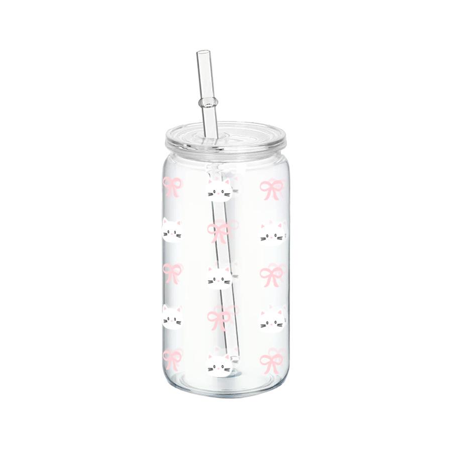 16oz Reusable Plastic Cup with Straw Lid Cute Bow Cherry Water Bottle Iced Coffee Juice Milk Mason Cups Drinkware Holiday Gifts