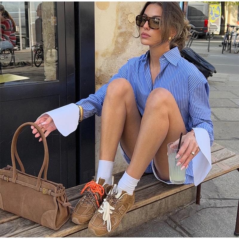 Women's Color Blocked Striped Shirt Wide Leg Shorts Set for Spring and Summer Casual Loose Fit Daily Commuting VersatileFrench Style Lady Sets
