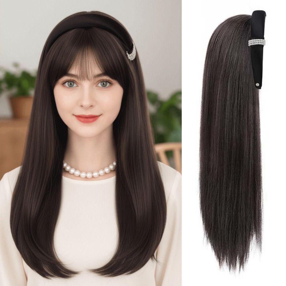 Clip in Half Headband Wig Hair Hoop Long Straight Hair Simulated Pearl Headband Wig  Party