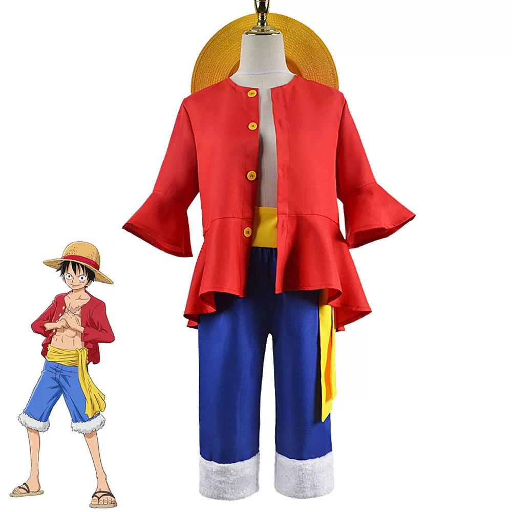 One Piece Monkey D Luffy Cosplay Costume, Red Jacket Blue Pants with Straw Hat, Adult & Kids Anime Role‑Play Halloween Outfit