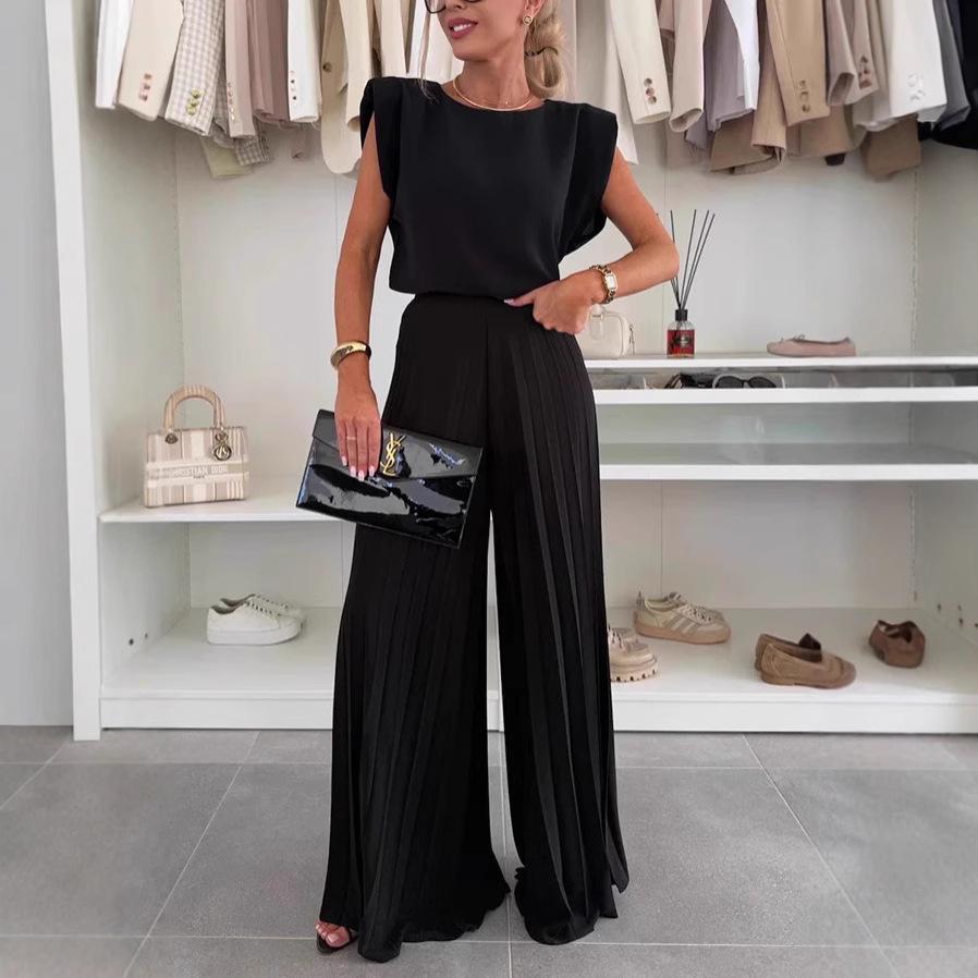 Women's Cross-Border 2025 Fashion: Sleeveless Round Neck Top & Pleated Wide-Leg Pants Two-Piece Set