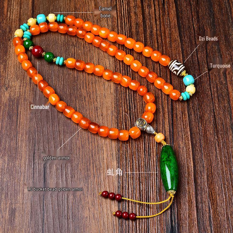 108 Beads Golden Armor Tibetan Style Wenwan Bracelet with Turquoise and Horn Details