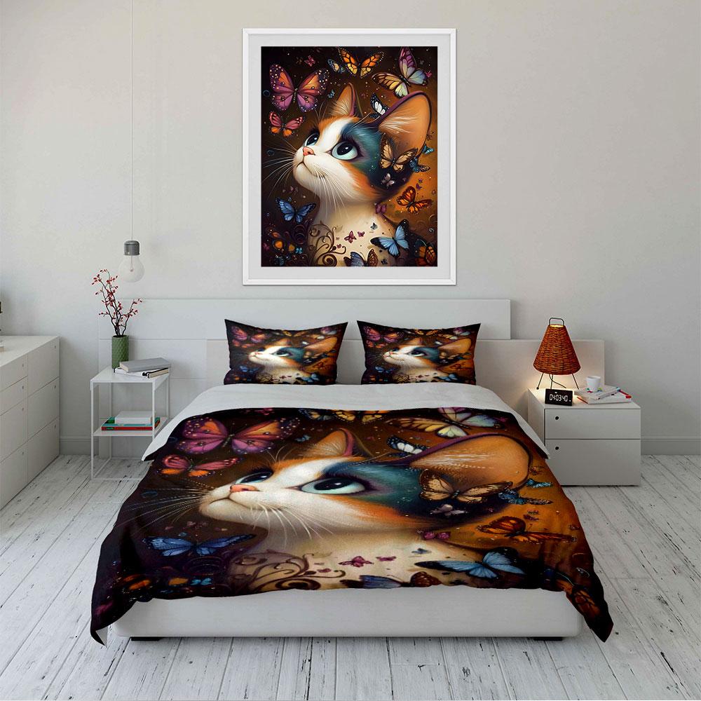 Colorful Cat and Butterflies Print Bedding Duvet Cover Set Duvet Cover Pillowcases (1 * Duvet Cover 2 * Pillowcases, without duvet insert)