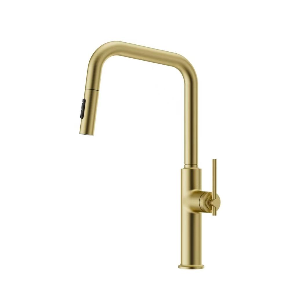 Rose Gold Brushed Brass Pull-out Kitchen Faucet Rotating Crane Extendable Hot Cold Water Grey/Black for Sink