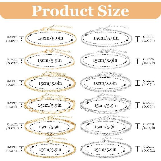 12pcs Gold/Silver Ankle Bracelets for Women Layered Waterproof 14k Cuban Link Chain Anklets Set Adjustable Dainty Summer Beach Gold Accessories Boho