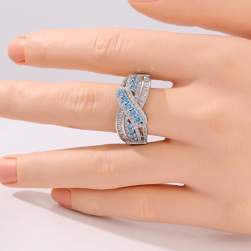 Aesthetic Inlaid White Sea Blue CZ Women's Ring Trendy CopperColor Geometry Hollow Daily Wear Party Jewelry Anniversary Gift