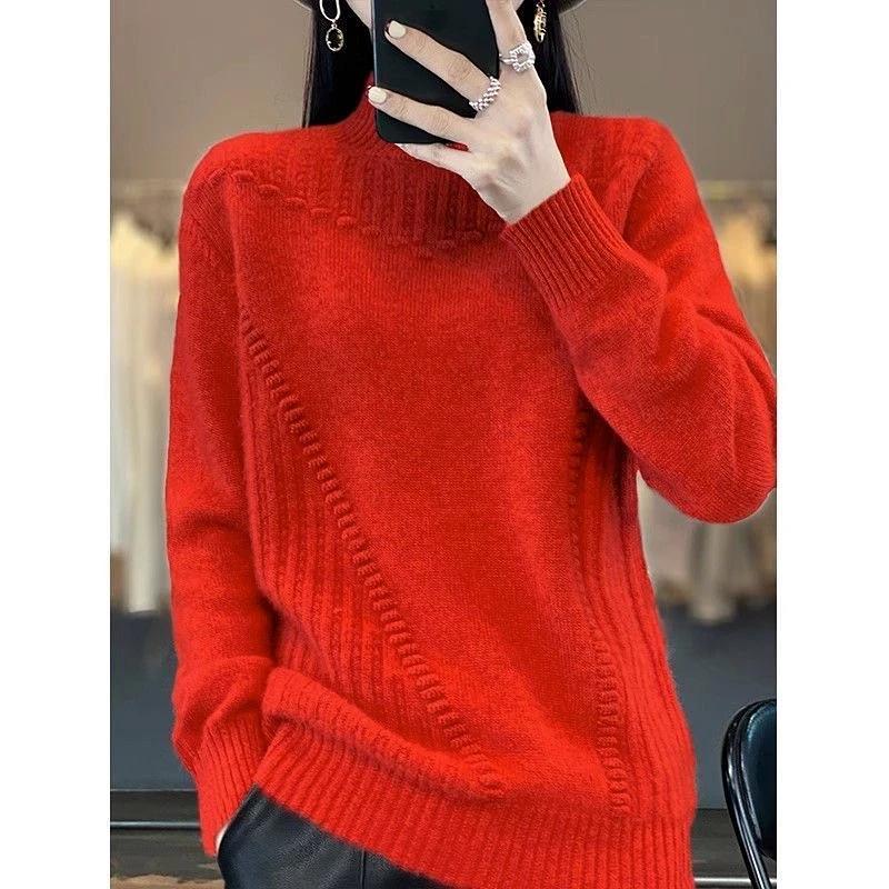 Damesemi-høy hals tykk ensfarget genser pullover avslappet løs og slankende strikket genser