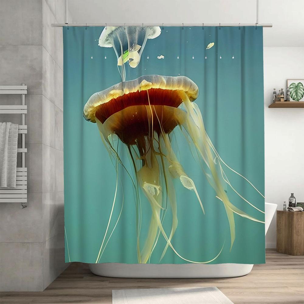 Delightful Jellyfish Shower Curtain Waterproof Fabric with Vibrant Colors for Bathroom Decorations In Green