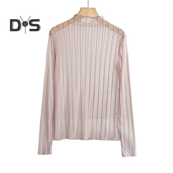 

Женские солнцезащитные топы с высоким воротником и длинным рукавом, сетчатые топы с кружевными линиями, блузка с текстурой, повседневная одежда розовый