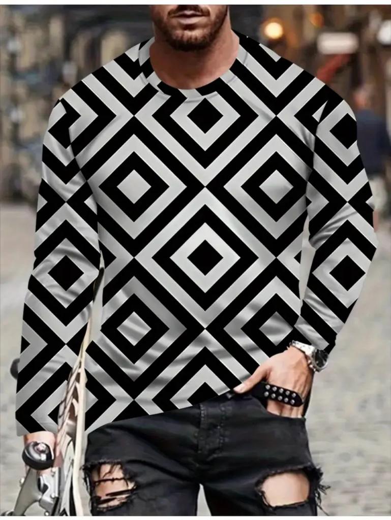 T Shirts for Man Geometric Block 3D Print Autumn Long Sleeve T-Shirt Pullover Casual Male Tops Street Lightweight Men's Clothes