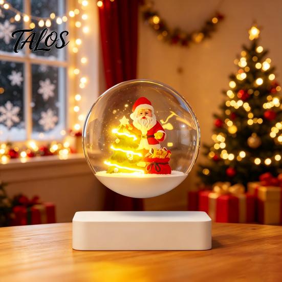 Magnetic Floating Christmas Sleigh Levitating Santa Claus Tree Ornament with LED Light, Lighted Rotating Levitation Festive Glass Ball for Tabletop