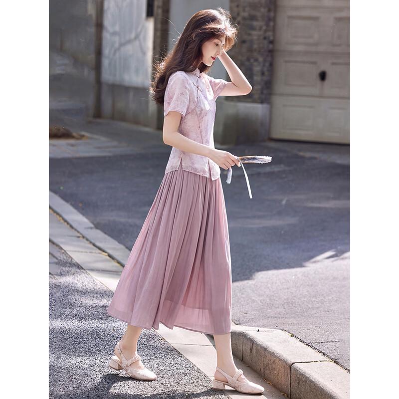 New Chinese Style Disc Button Shirt & Pleated Skirt Set