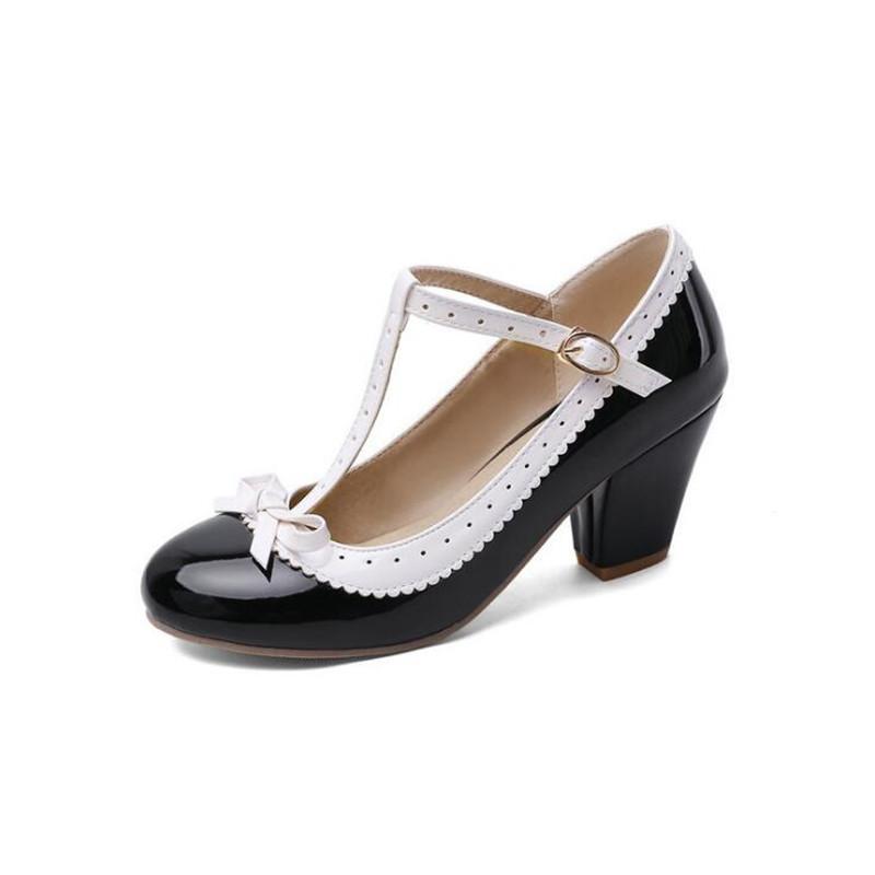 Girls' Shoes Women Mary Jane Shoes Lolita High Heels Bow T-Strap Wedding Pumps Thick Heels Shoes Bridal Princess Footwear 32-43