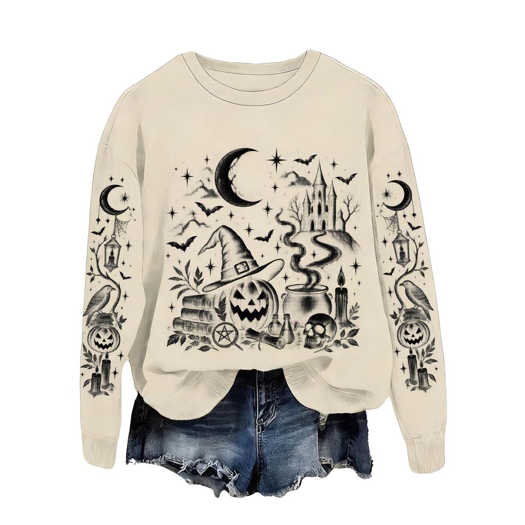 Women's Halloween Print Sweatshirt Loose Fit Casual Pullover Top for Fall and Winter