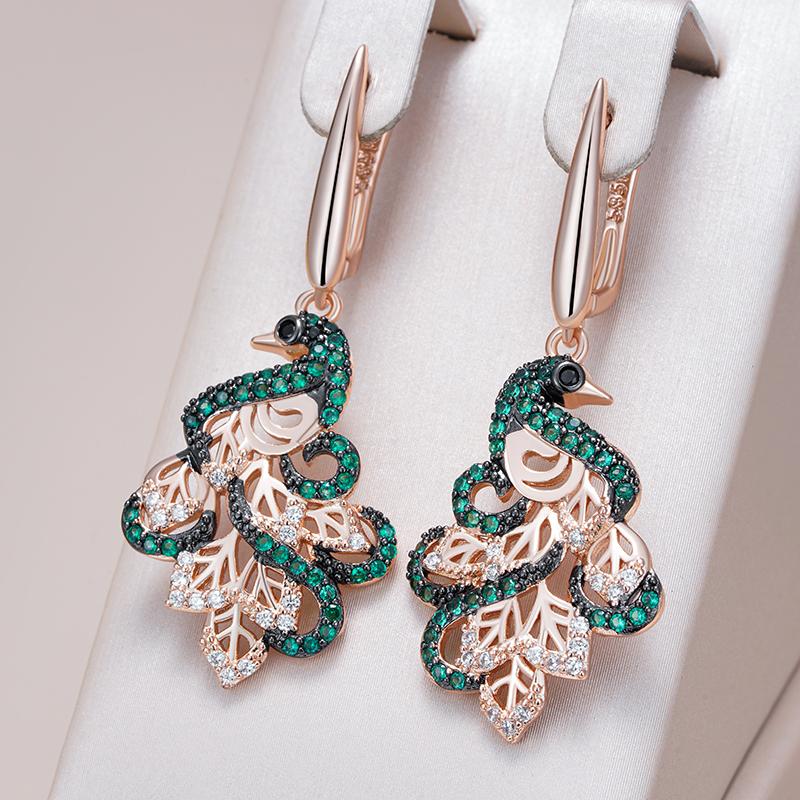 Green Natural Zircon Peacock Drop Earrings For Women  Rose Gold And Black Plating Vintage Animal Daily Punk Jewelry