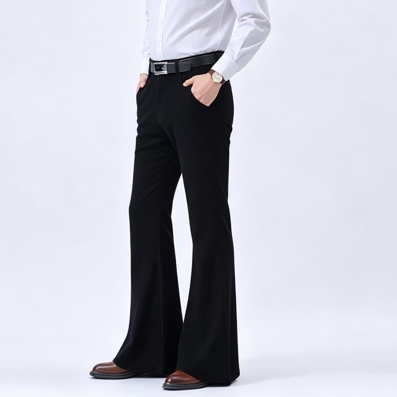 Men's Stretch Flare Trousers – Slim Fit Bootcut Design, Business Casual Style, Black, with Belt & Pockets, Comfortable All-Day Wear