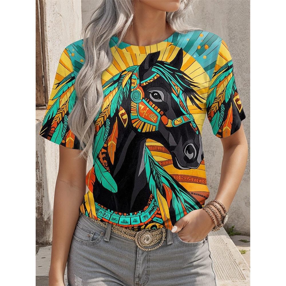Round Neck 3D Animal Printed Top Fashionable Casual Short Sleeved Women's T-shirts - Soft Medium Stretch Polyester Fabric Summer Relaxed Fit Clothing