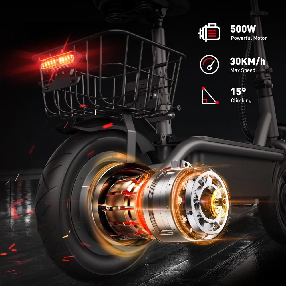 iScooter F2 Electric Scooter with Seat & Rear Basket, 500W Motor, 36V 7.8Ah Battery, 10 inch Tires, 30km/h Max Speed, 30km Range