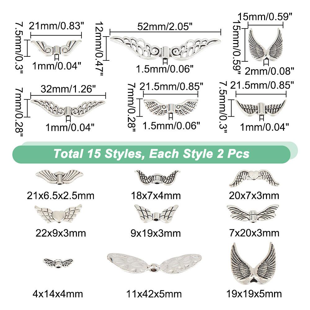 1box 30pcs 15 styles  style Alloy Beads Wings Antique Silver 7~22x6.5~42x2.5~5mm Hole: 1~2mm 2pcs/style
