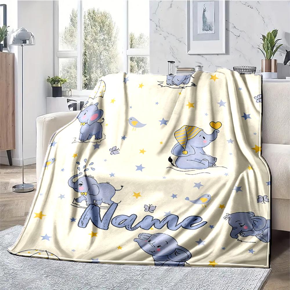 Custom Name A Elephant Theme Printed Blanket - Perfect for Couch, Bed, Travel & Outdoor Use | Machine Washable, Cozy & Durable.