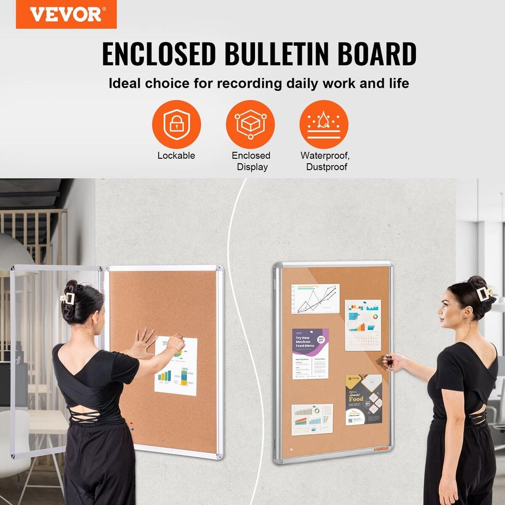 36"x24" Enclosed Cork Board with Aluminum Frame Lockable Bulletin Board