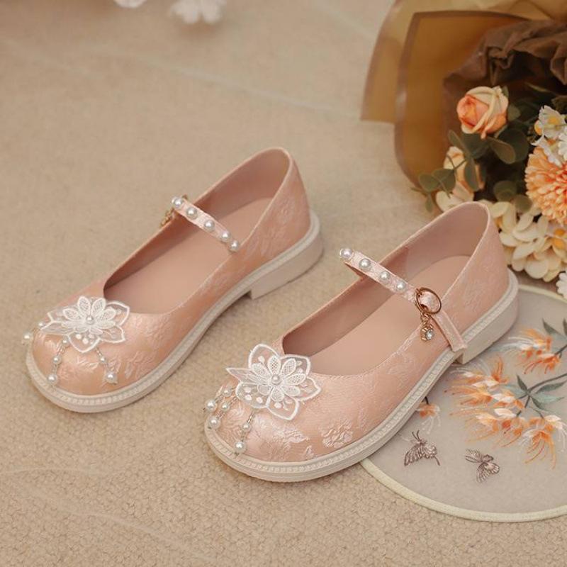 

New girls Hanfu shoes comfortable buckle thick-soled medium-soled older children s shoes girls student shoes four seasons wear flower princess shoes 39 (inner length 24.5cm)