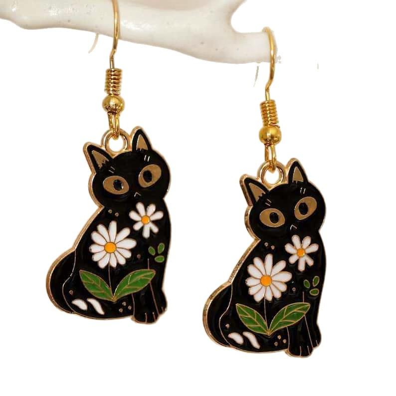 

Серьги Черный кот , Подвески с цветами, Золотые серьги, Необычные серьги-заявления, Уникальные украшения с животными