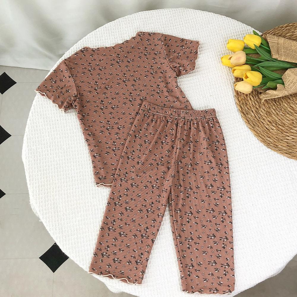 Summer Fashion New Short Sleeve Round Neck Flower Printed T-shirt Top+Pants 2 Piece Set Kids Casual Home Clothes 90