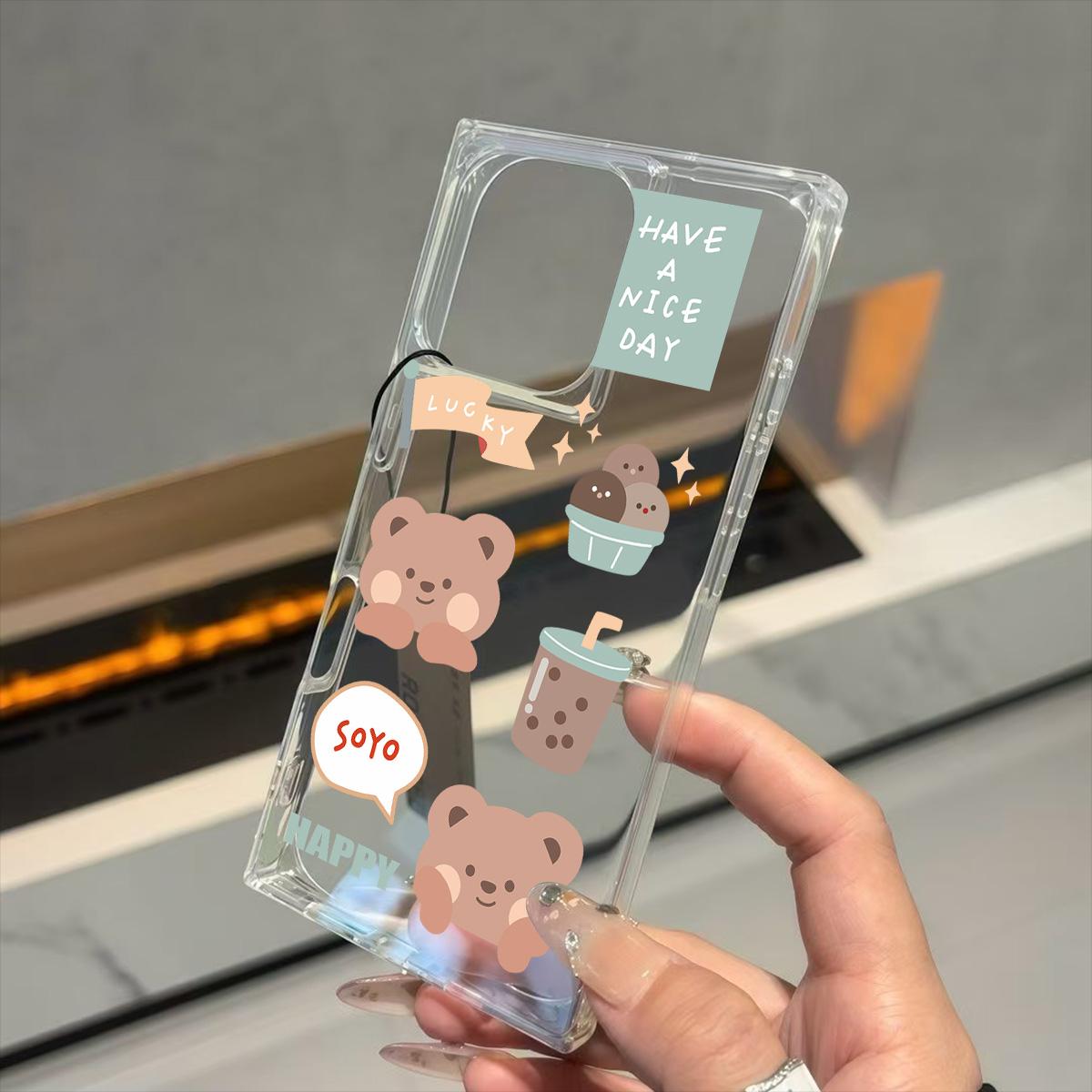 

Прозрачный квадратный чехол-накладка для iPhone 16 ProMax 11 13 12 15 Plus 14 Pro Max, защита от окисления, с рисунком медведя с молочным чаем iphone 11 ProMax