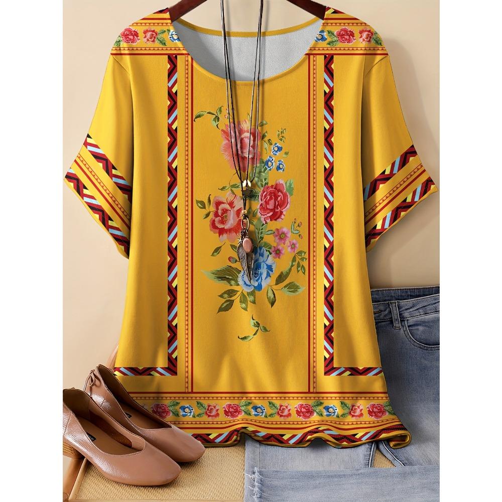 Summer Women's Vintage Style Flower Round Neck T-shirt 3D Printed Short Sleeved Fashionable Comfortable Soft Breathable Large Loose T-shirt