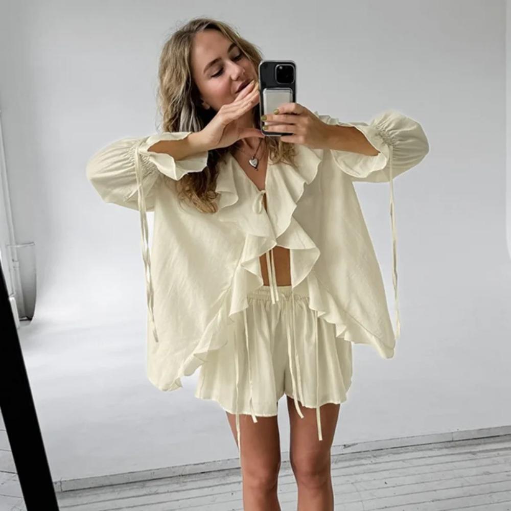 VAYLA New Casual Shorts Two-piece Set Women's Ruffled Loose Tie Top Simple Shorts Set Office Lady Female Shorts Set