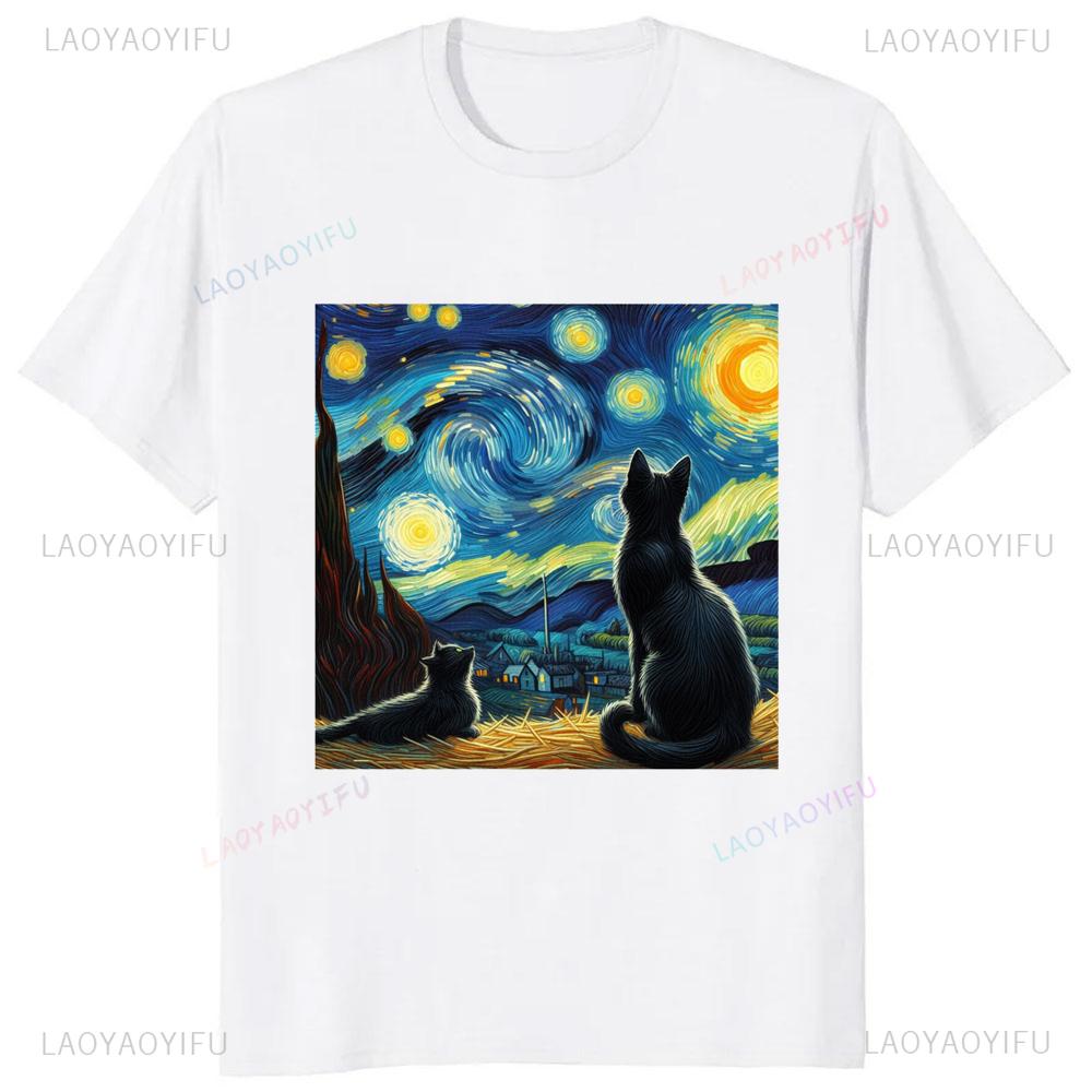 Cat Starry Night Van Gogh Cat for Cat Lover T-Shirt Casual Fashion Streetwear Loose Summer Style Man Tshirt Cute Aesthetics Tees