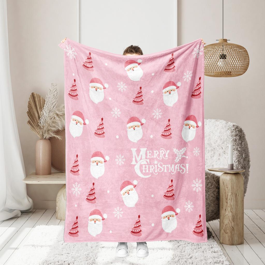 1 double-sided flannel pink Santa Claus pattern printed blanket suitable for sofas, air-conditioned rooms, and camping use