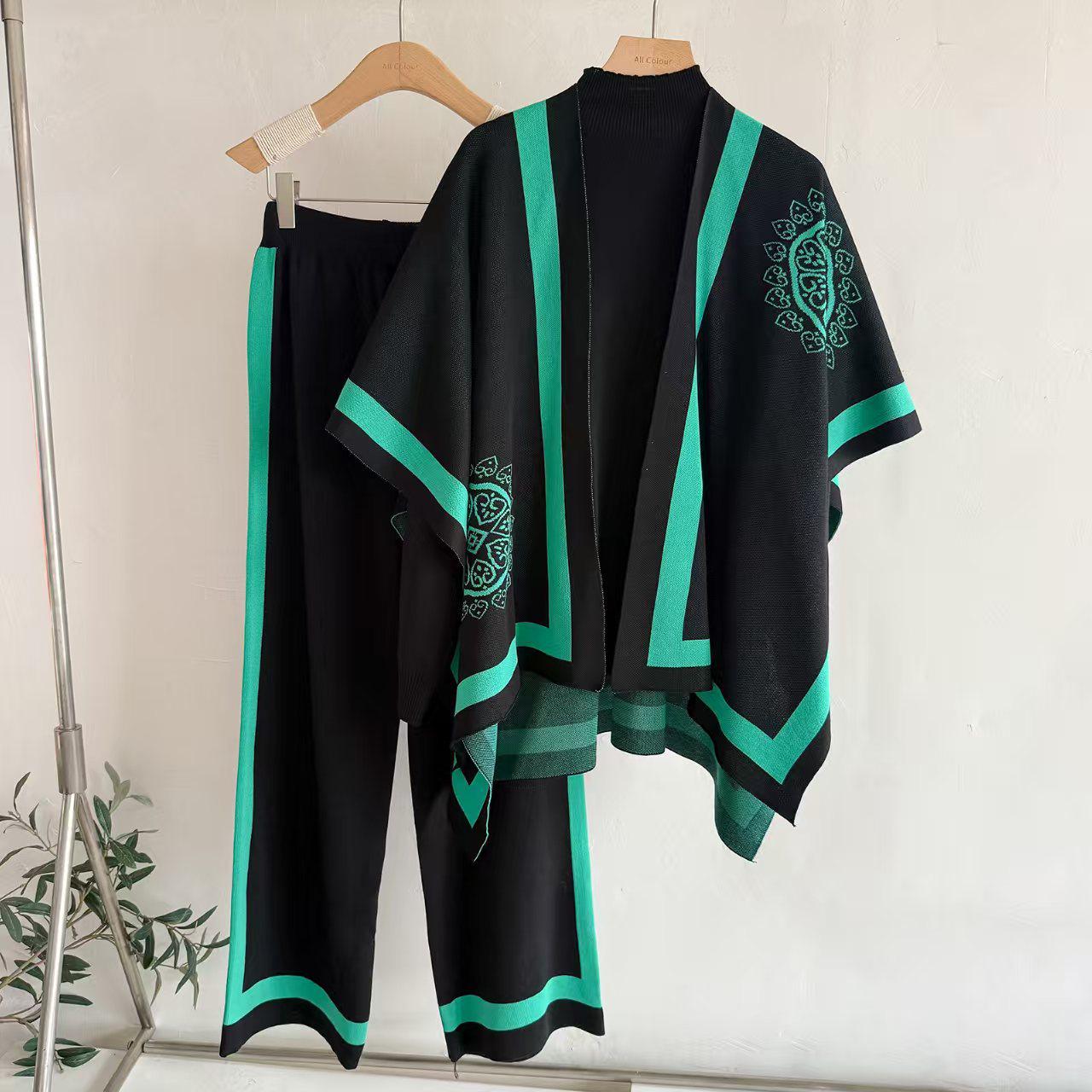 

Women s Autumn/Winter Casual Knit Sweater Shawl & Wide-leg Pants Three-piece Set One Size чорний