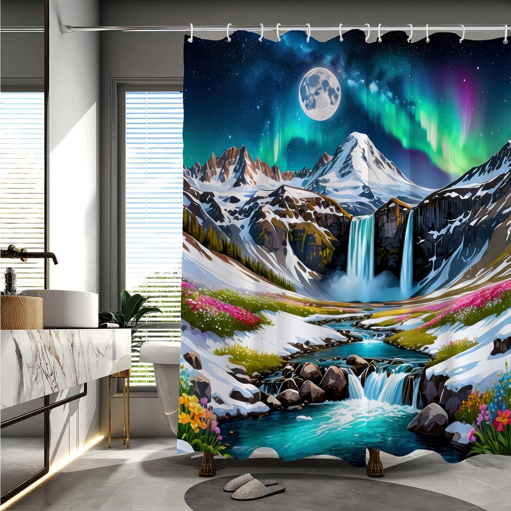 Snow Mountain Aurora Landscape Digital Print Shower Curtain , Reversible Polyester, All-Season Bathroom/Home Decor