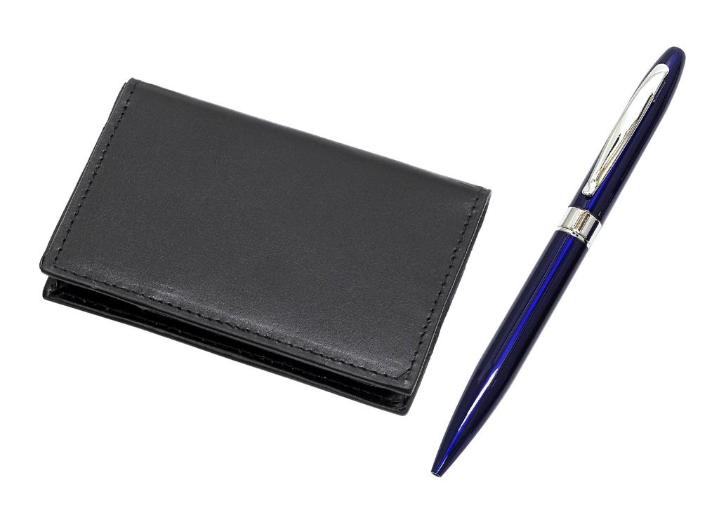 Recycled Cowhide Leather Business Card Holder with Lasting Piece Metal Rotating Ballpoint Pen 4-Pocket Set, Blue, T23-LS030B-TK23-L