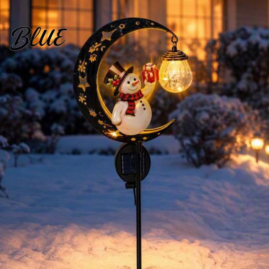 Metal Yard Art for Christmas Snowman Garden Stake Light, Solar Powered Crescent Moon Lamp, Seasonal Outdoor Atmosphere Lights Warm Glow Waterproof