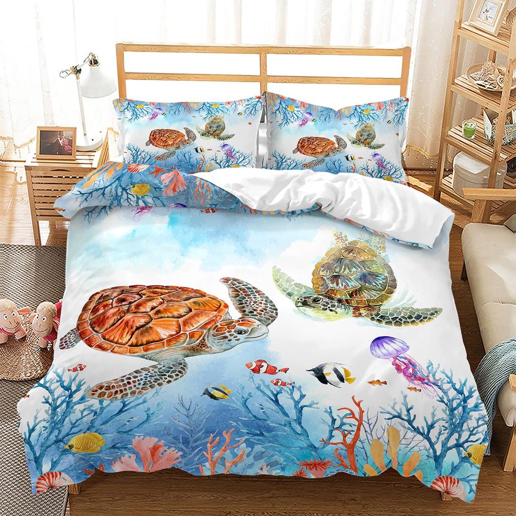 Sea Turtle Duvet Cover Full Size,Ocean Bedding Set for Kids Teens,Beach Comforter Cover,1 2 Pillowcases 3 Piece for Teens Boys